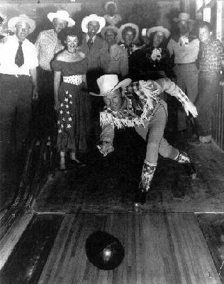 Gene Autry bowling in Pioneer Bowl